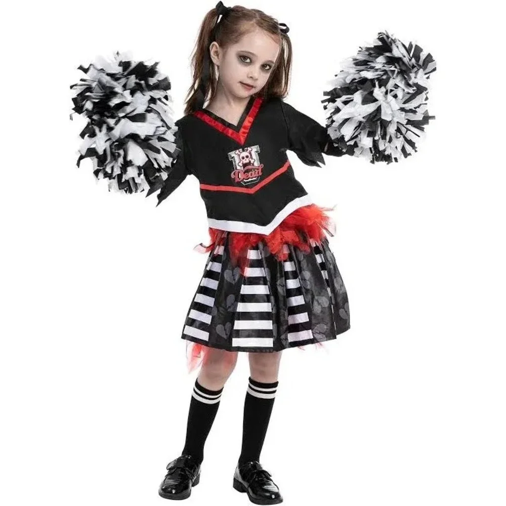Zombie Cheerleader Costume Girls Size Small Black Red Spooky Halloween B3
